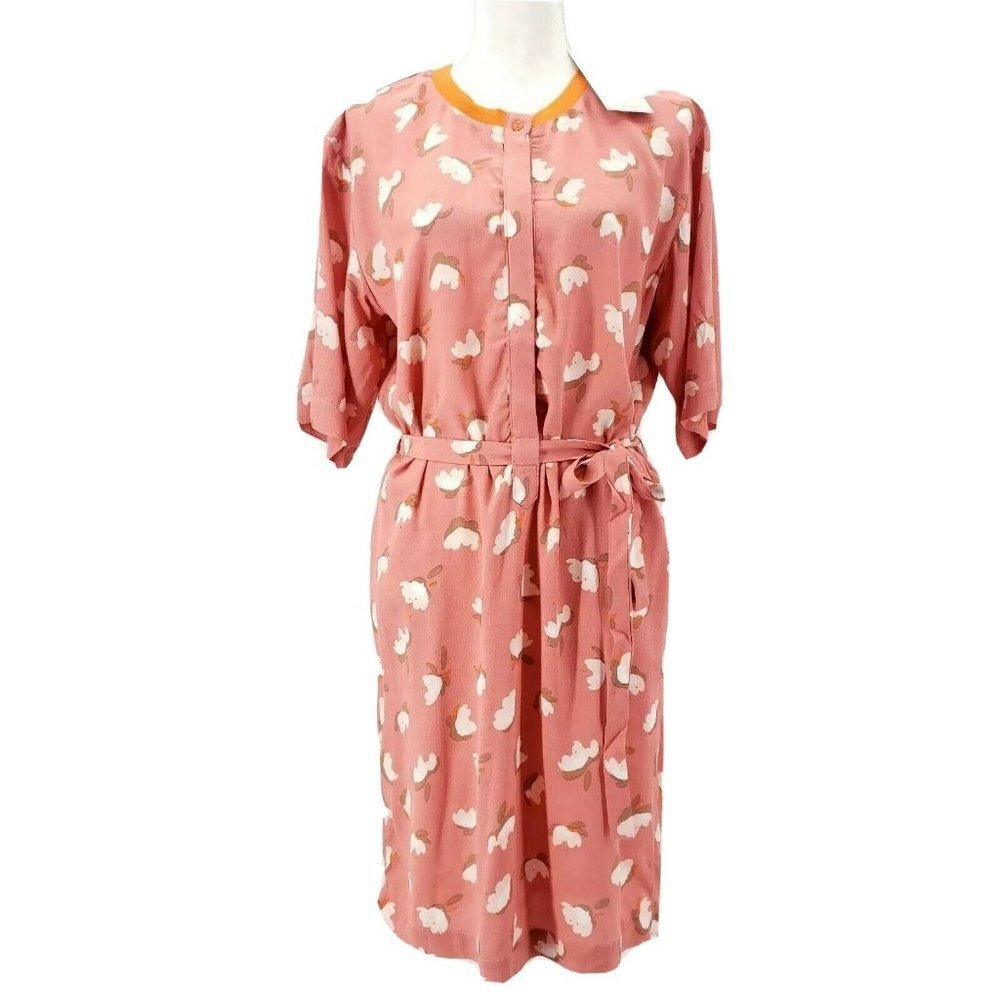NWT NUMPH Pink Floral Colorful Dress Abstract Floral Orange Trim Tie Waist